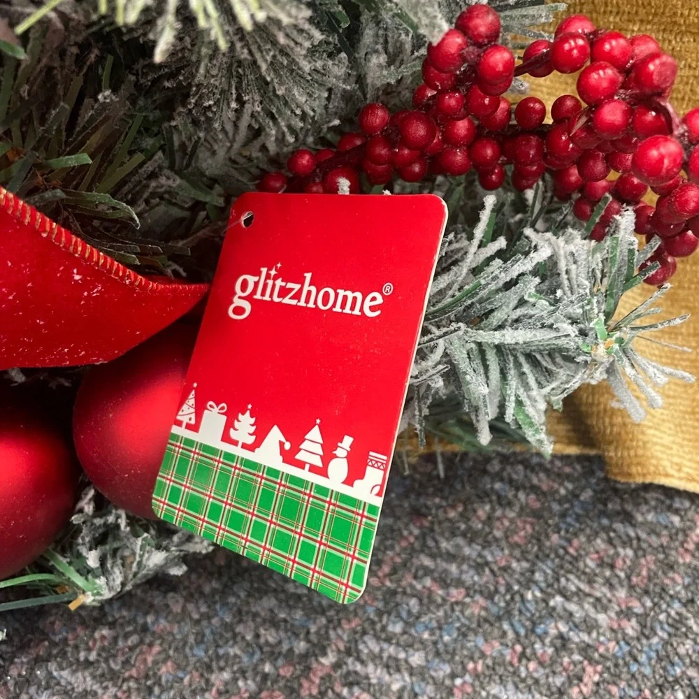 Glitzhome artificial snow sprayed Christmas decorated elongated wall hanging